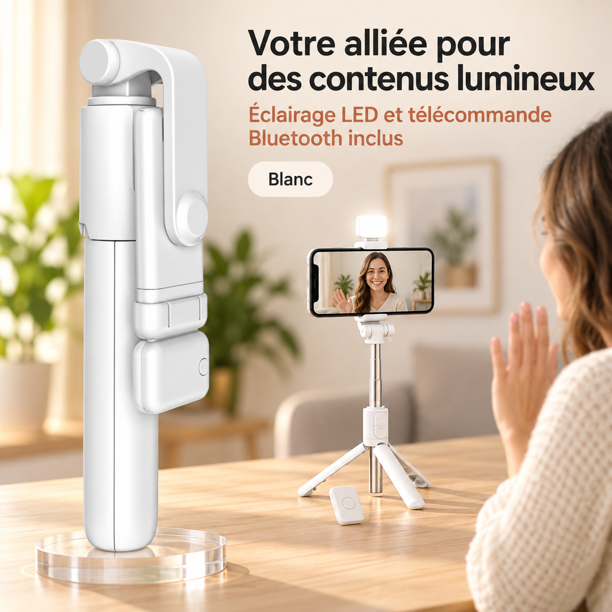 Trépied pour smartphone | 3 en 1 Bluetooth Blanc avec manette amovible