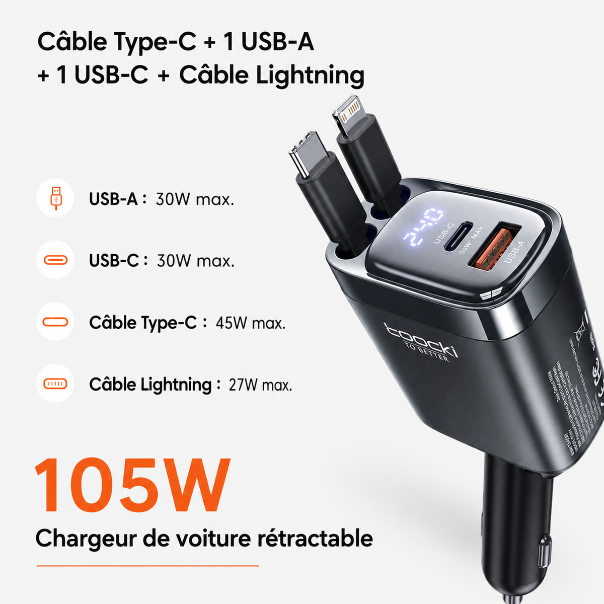Chargeur de téléphone Voiture 4 Ports Rapide usba-usbc