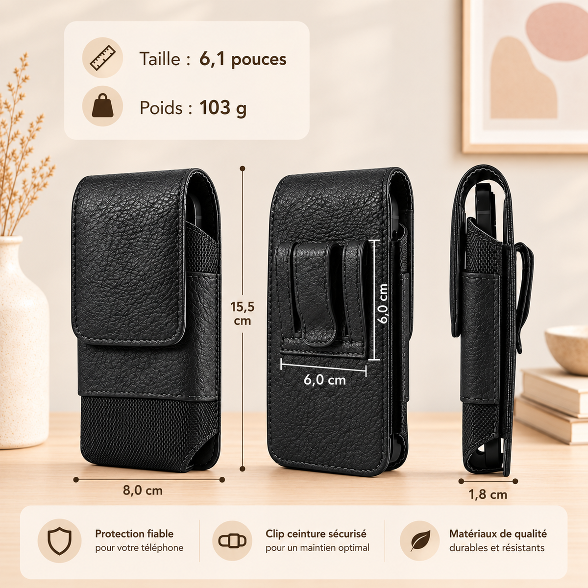 Etuis téléphones | Cuir Universal Clip, medium-noir