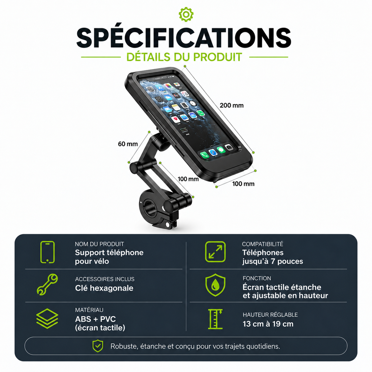 Support moto pour téléphone spécifications