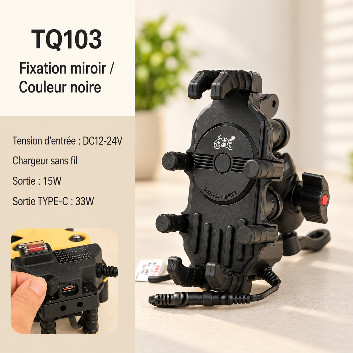 Support telephone moto rétroviseur avec chargeur sans fil inclus