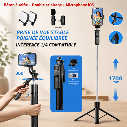 Trepied pour telephone | Bluetooth 1,7m baton a selfie + double éclairage + microphone IOS