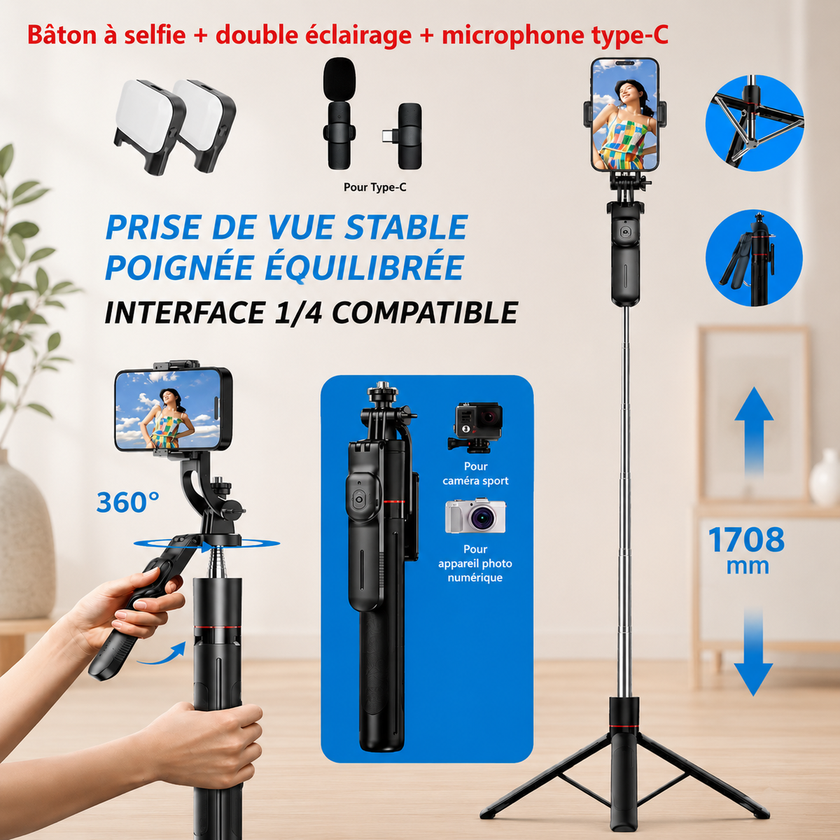 Trepied pour telephone | Bluetooth 1,7m baton selfie + double éclairage + microphone type C