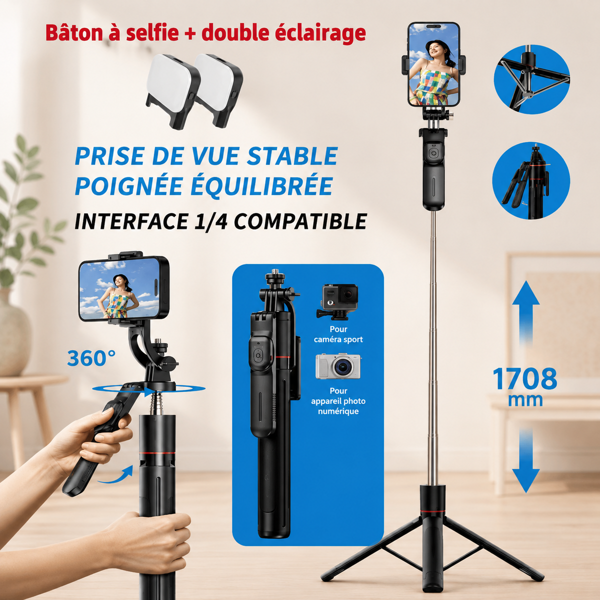 Trepied pour telephone | Bluetooth 1,7m  baton seilfie plus double éclairage