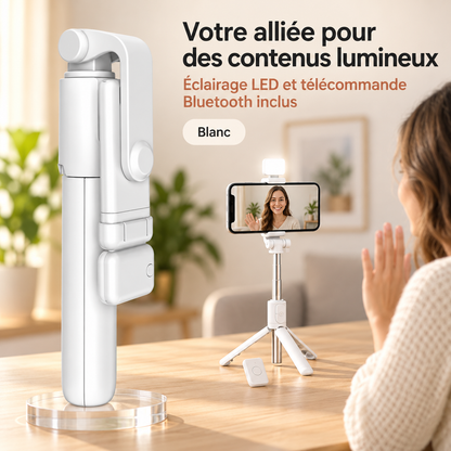Trépied pour smartphone | 3 en 1 Bluetooth Blanc avec manette amovible