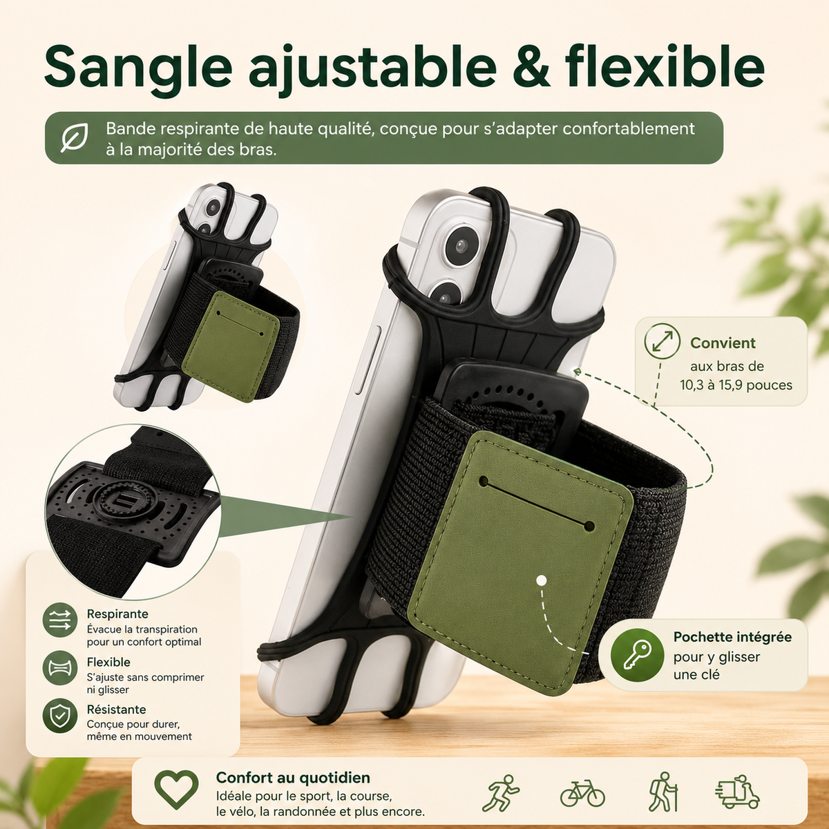 Brassard pour telephone Rotatif 360 sangle flexible et ajustable