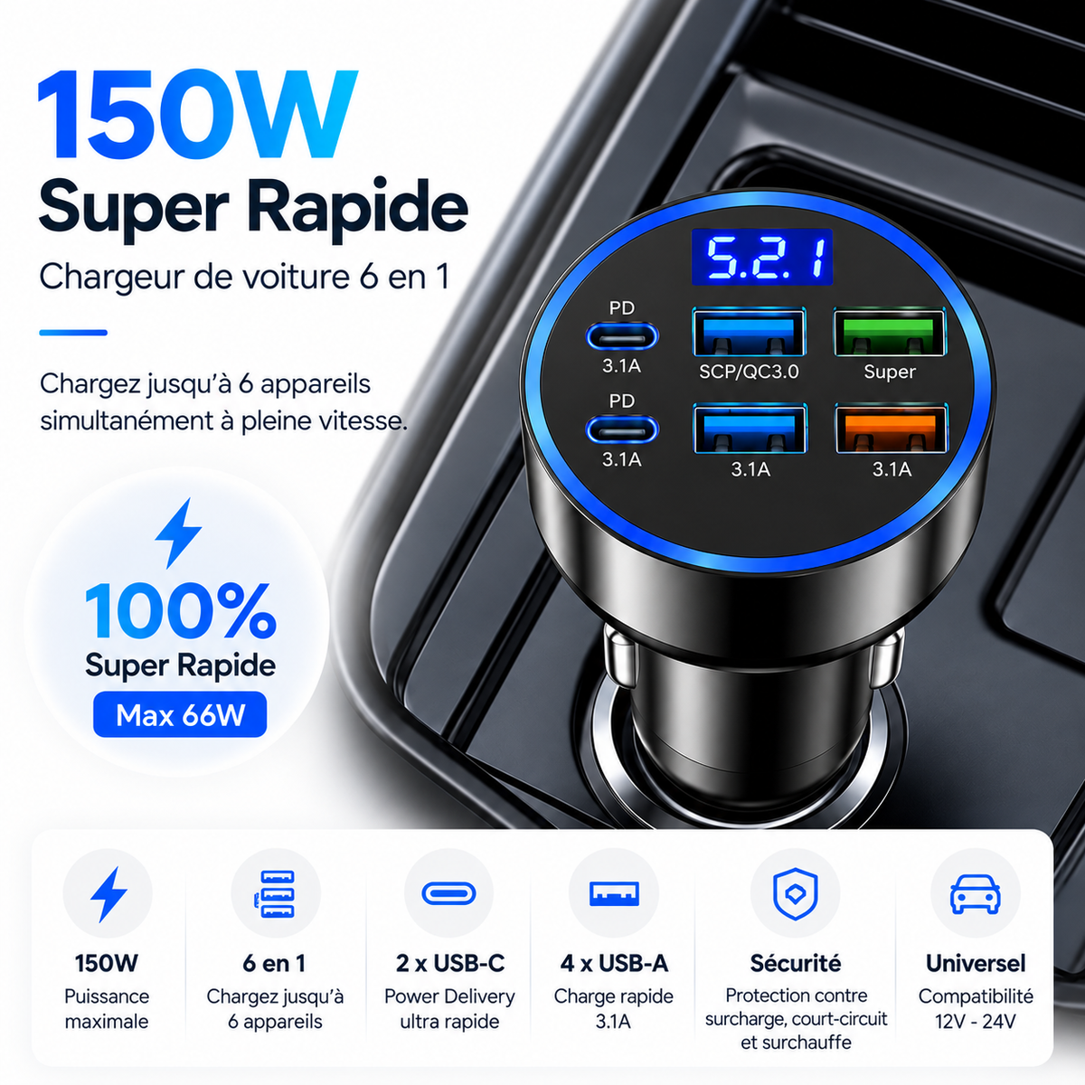 Chargeur de telephone 6 Ports Voiture 350W 2 ports USBC