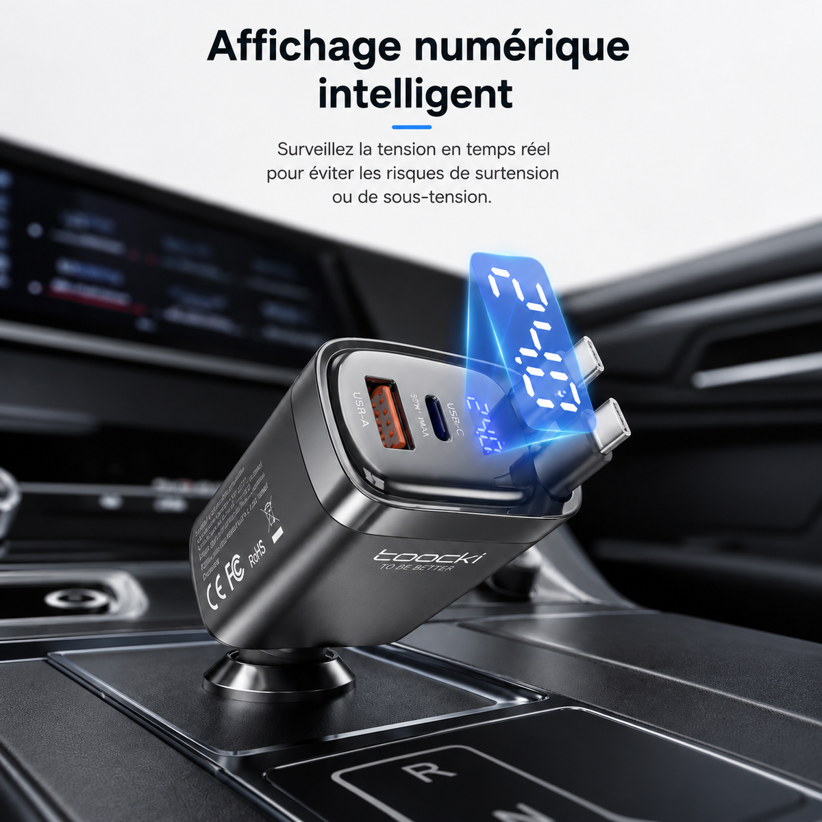 Chargeur de téléphone Voiture 4 Ports Rapide affichage numérique