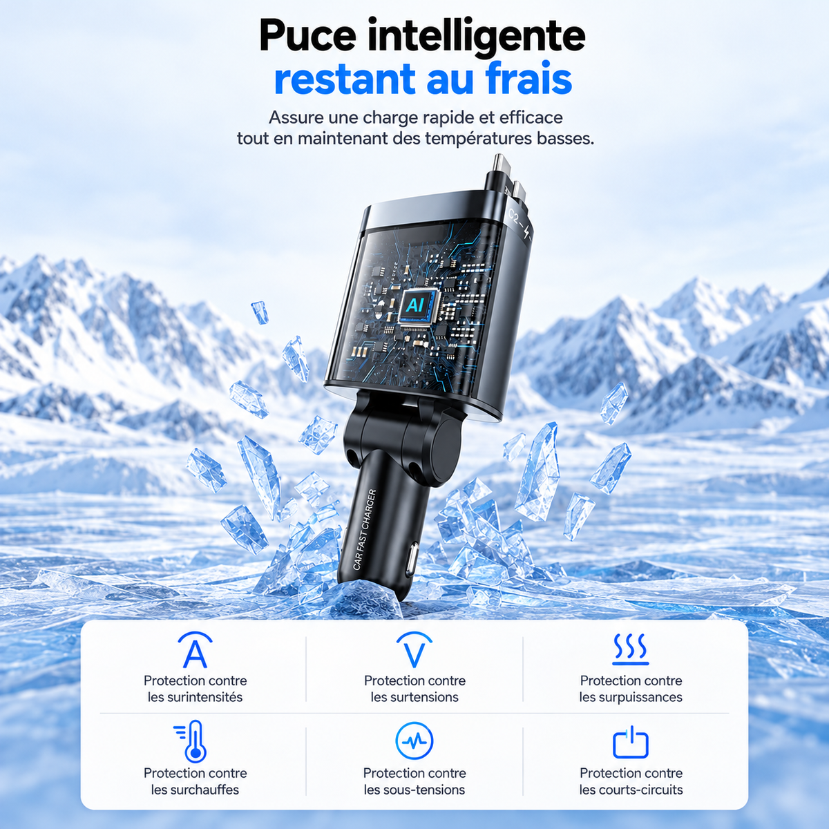 Chargeur de téléphone Voiture 4 Ports Rapide protection contre les surchauffes