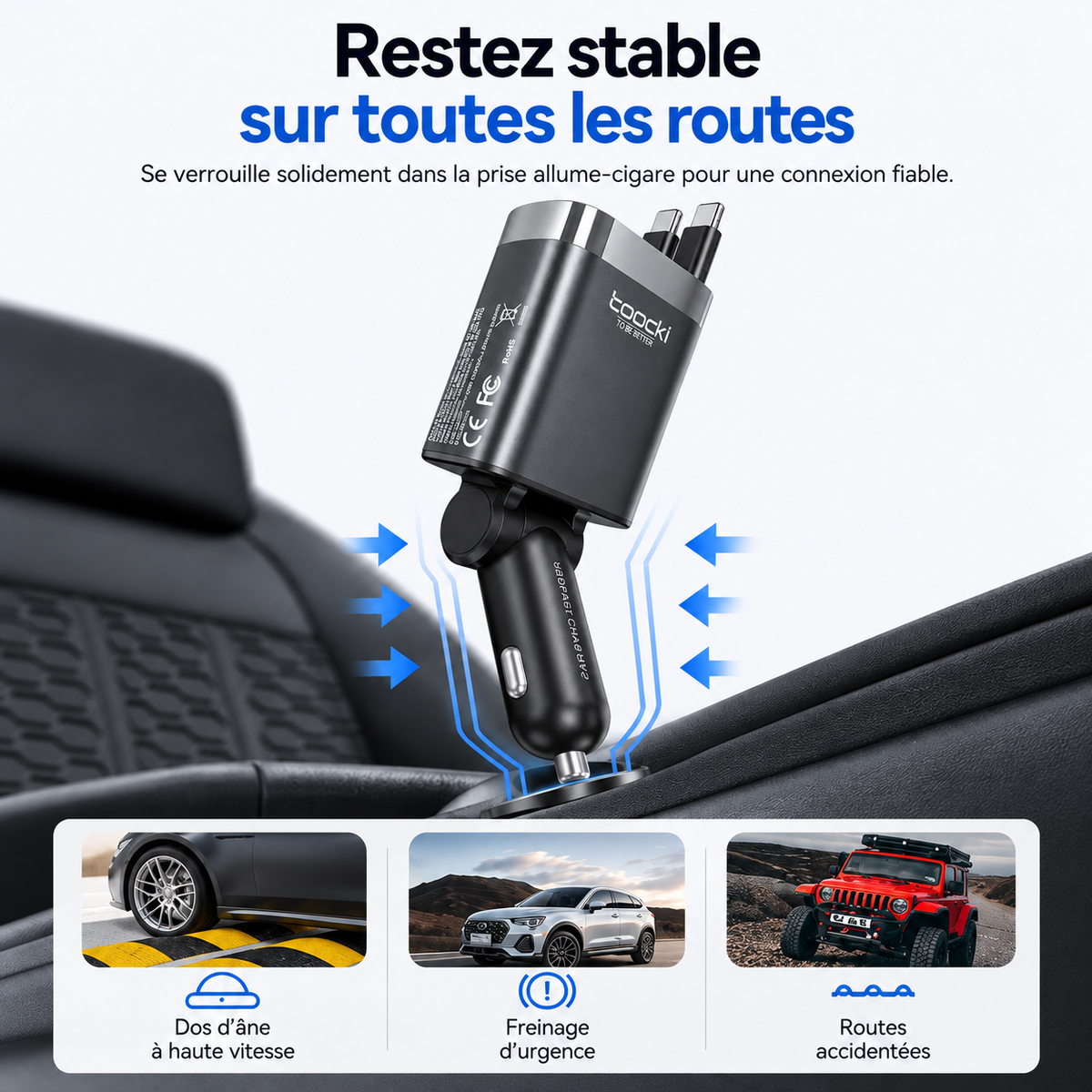 Chargeur de téléphone Voiture 4 Ports Rapide stable sur les routes