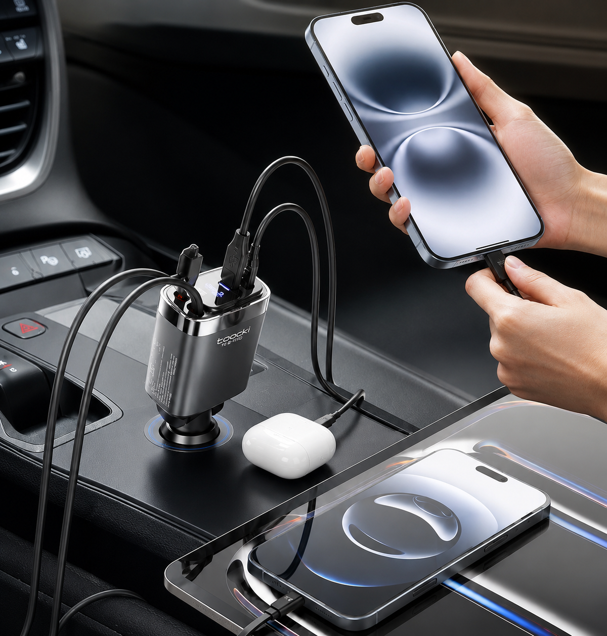 Chargeur de téléphone Voiture 4 Ports Rapide et longueur ajustable