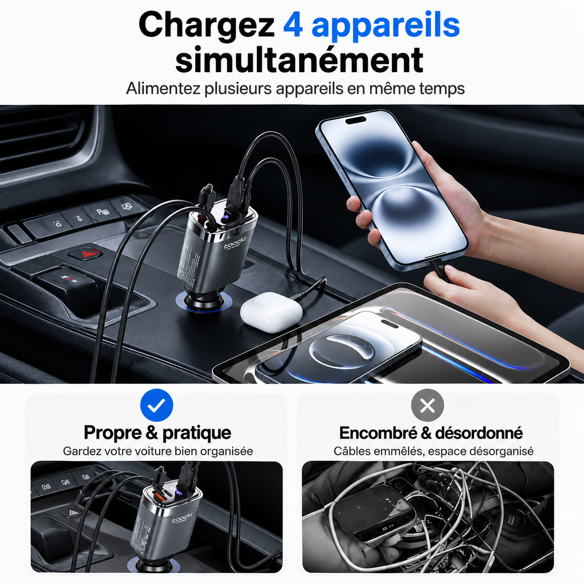Chargeur de téléphone Voiture 4 Ports Rapide multiprises