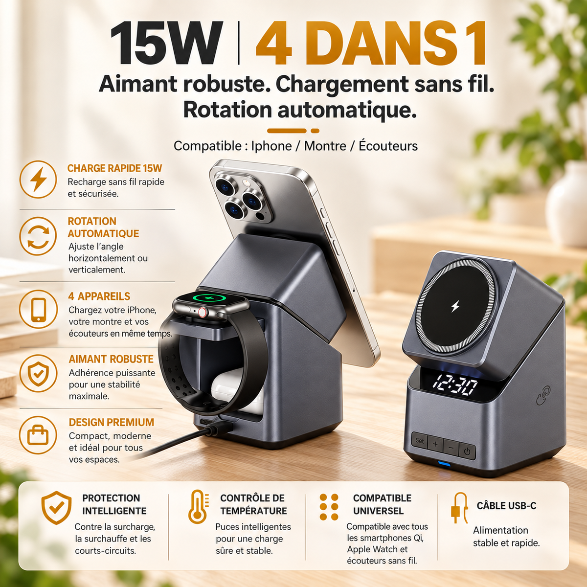 Chargeur iPhone Station 4 en 1 Magnétique aimant robuste sans fil