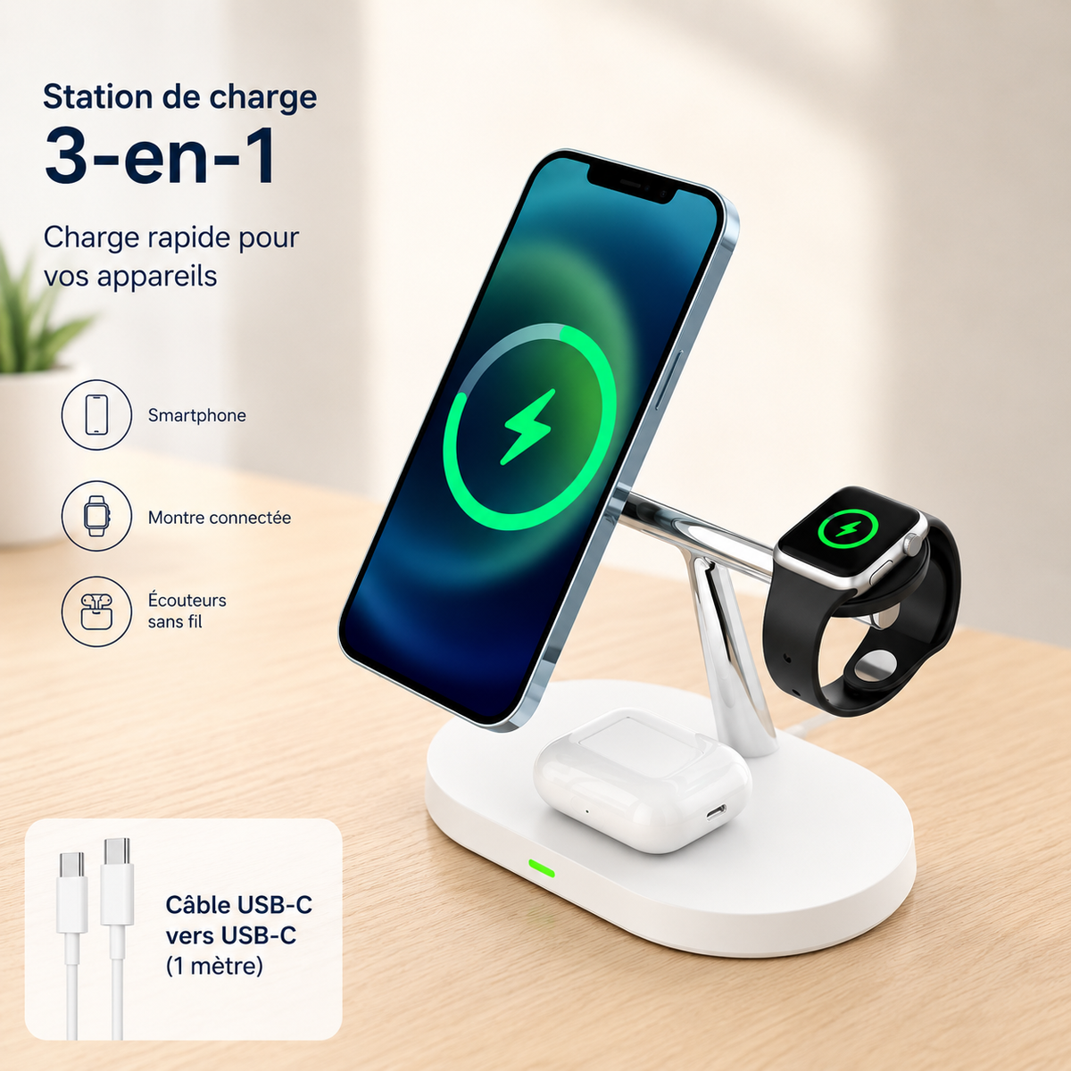 Chargeur pour téléphone Magnétique 3-en-1 blanc