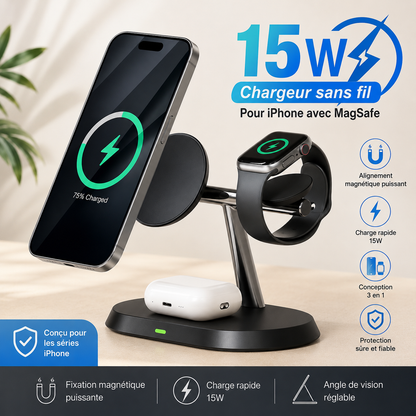Chargeur pour téléphone Magnétique 3-en-1 sans fil 15W
