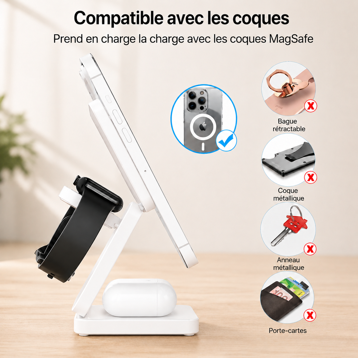 Chargeur téléphone Magnétique 3 en 1 compatible avec les coques