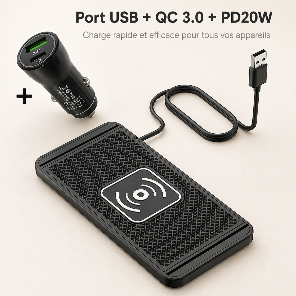 Chargeur téléphone Charge Rapide Sans Fil 15W Voiture Port USBC, chargeur auto inclus
