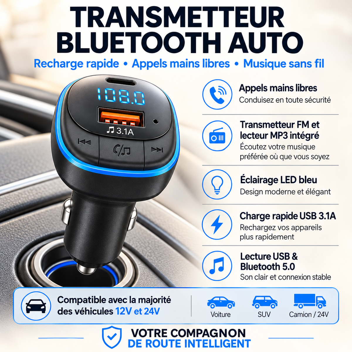 Chargeur téléphone voiture Bluetooth Mains Libres transmeteur automatique