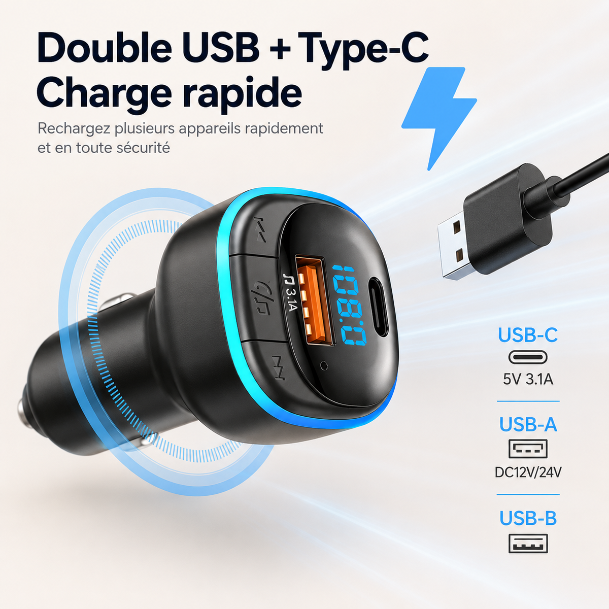 Chargeur téléphone voiture Bluetooth Mains Libres USBC type C