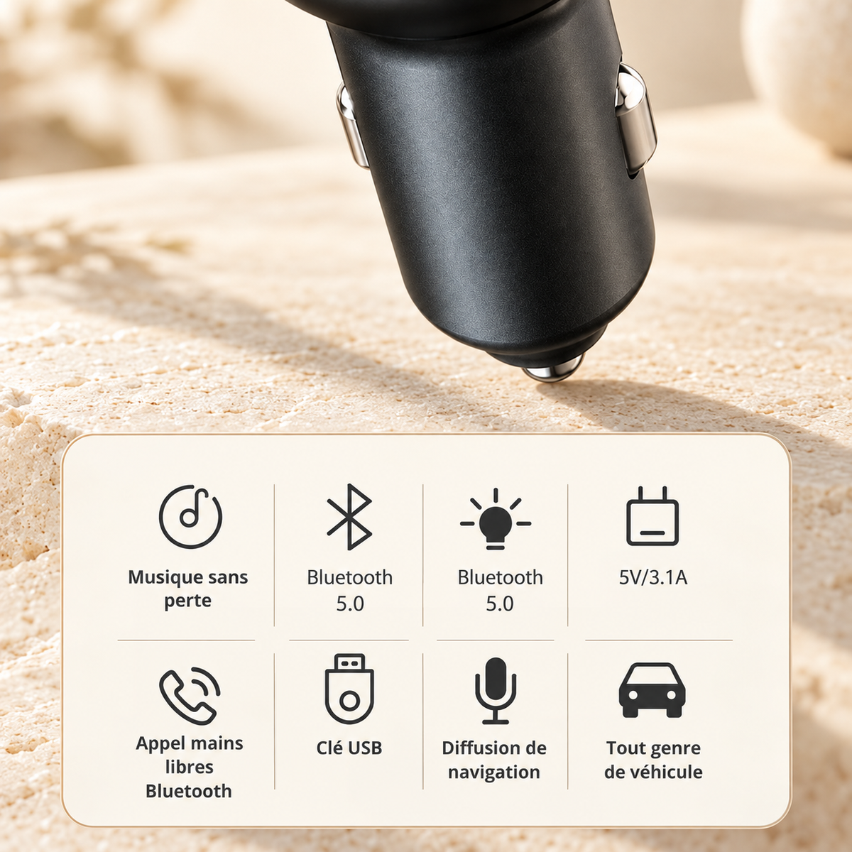 Chargeur téléphone voiture Bluetooth Mains Libres description 