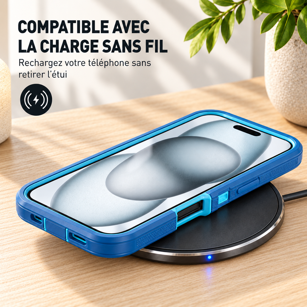 Coque iphone 15 compatible chargeur sans fil