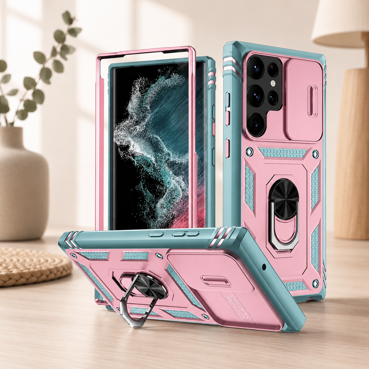Coque de telephone Samsung Robuste rose et vert