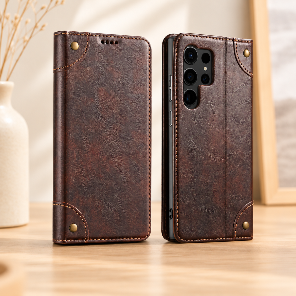 Etui pour telephone Galaxy Cuir Magnetique brun