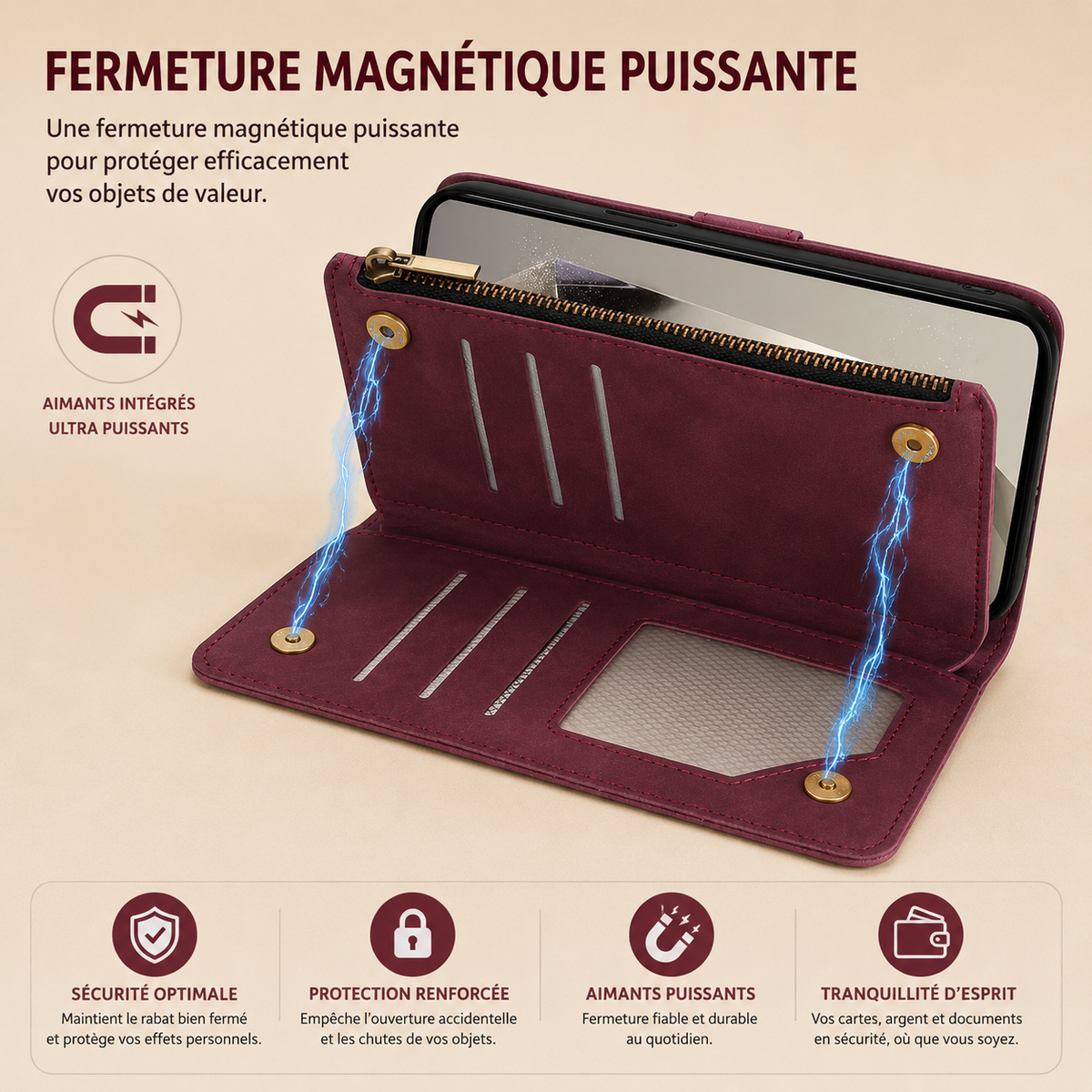 Étui pour téléphone Samsung Galaxy Portefeuille fermeture magnétique puissante