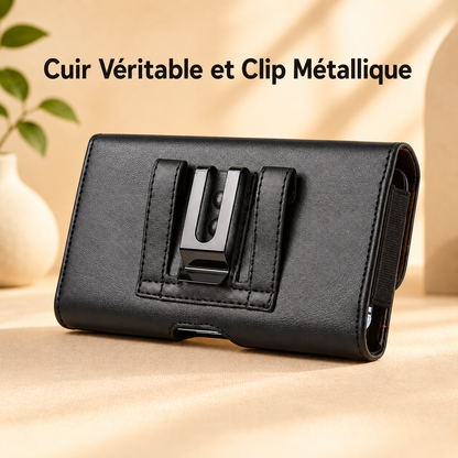 Etui telephone cuir véritable clip métallique
