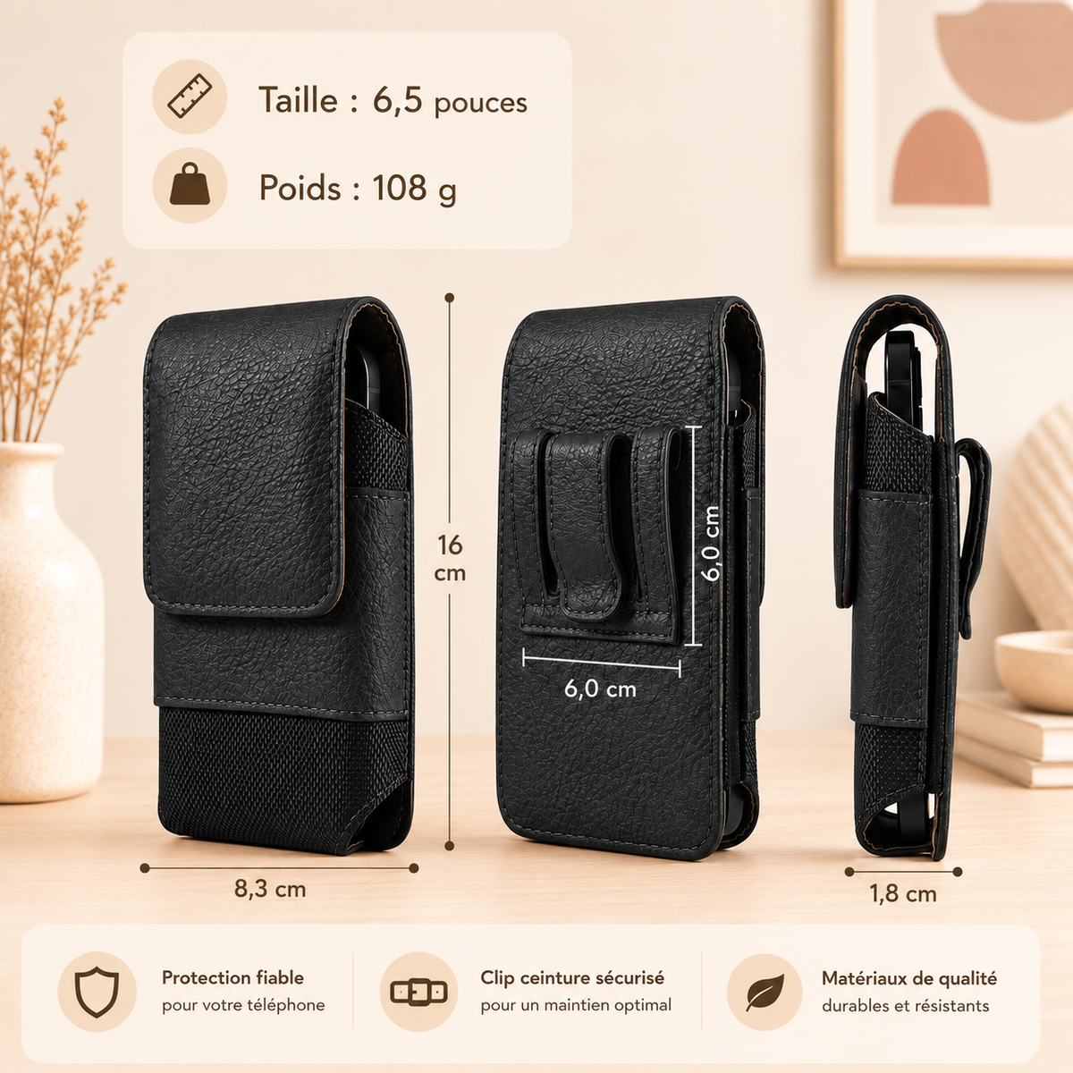Etuis téléphones | Cuir Universal Clip, large, noir
