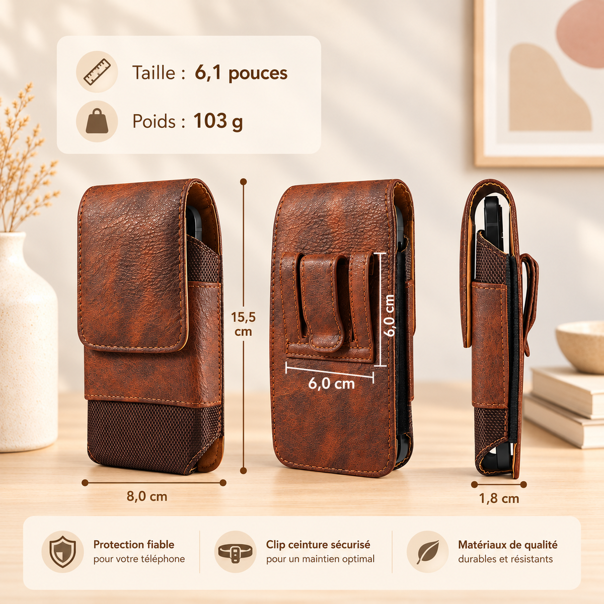 Etuis téléphones | Cuir Universal Clip, medium, marron