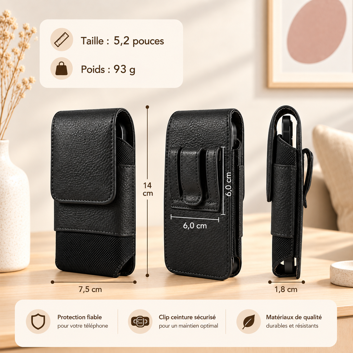 Etuis téléphones | Cuir Universal Clip, petit, noir
