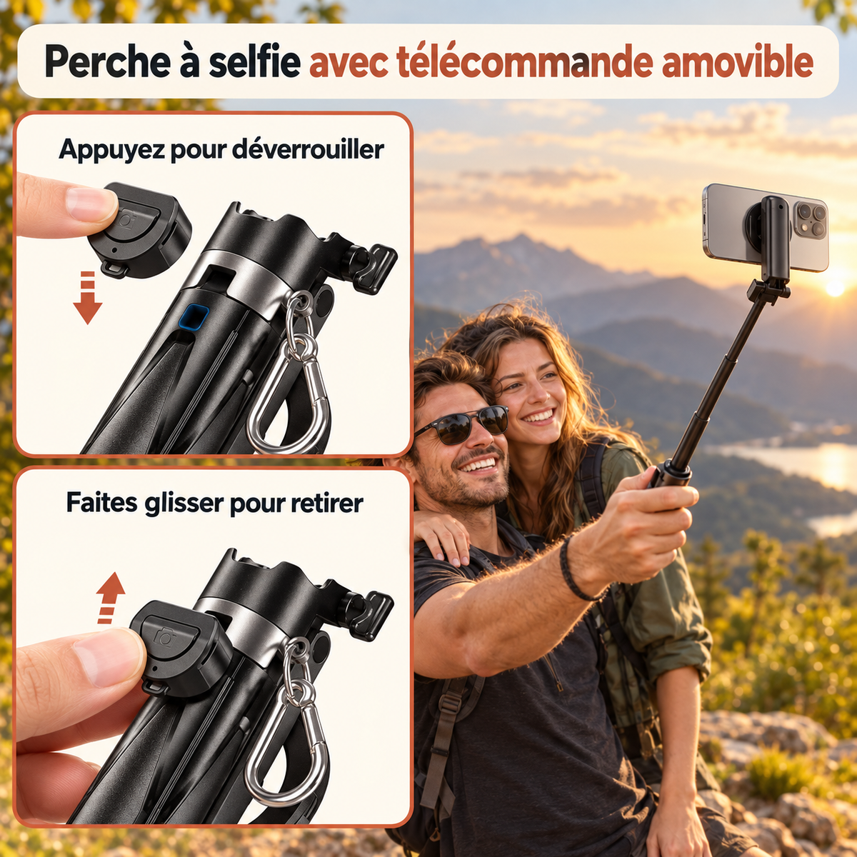 Perche selfie | Compacte avec Trépied Bluetooth  télécommande amovible