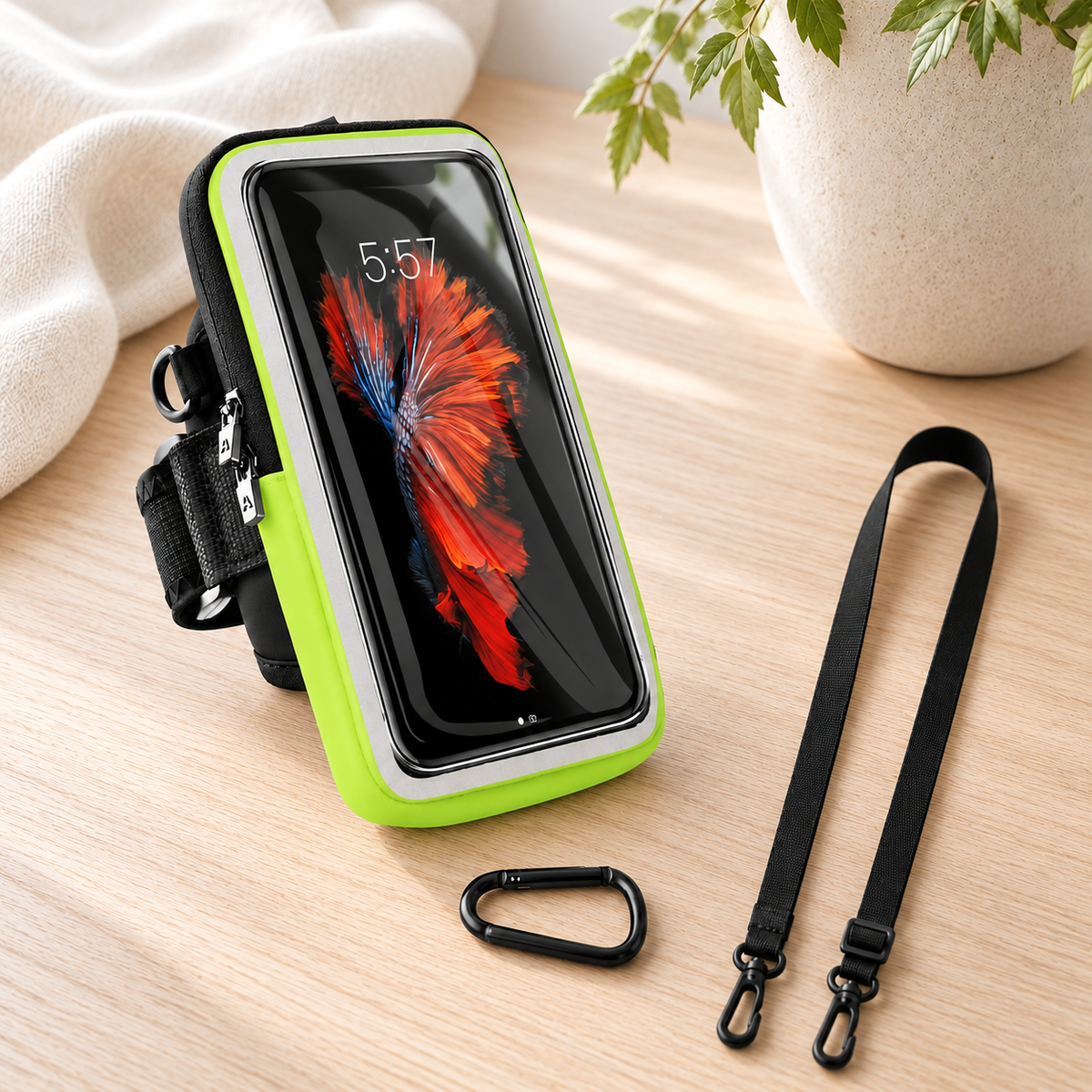 Pochette etanche pour telephone vert courroie et mouqueton