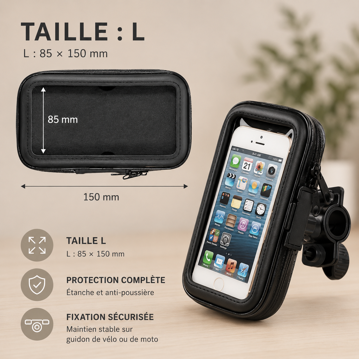 Porte telephone velo Etanche Universel attache guidon Large 