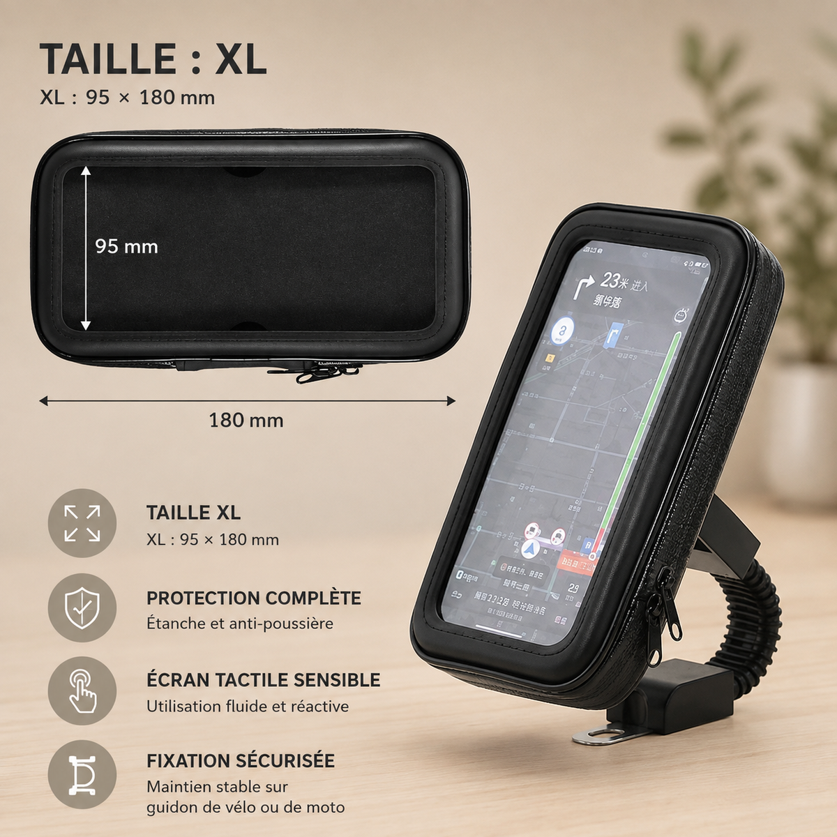 Porte telephone velo Etanche Universel attache mirroir taille XL 
