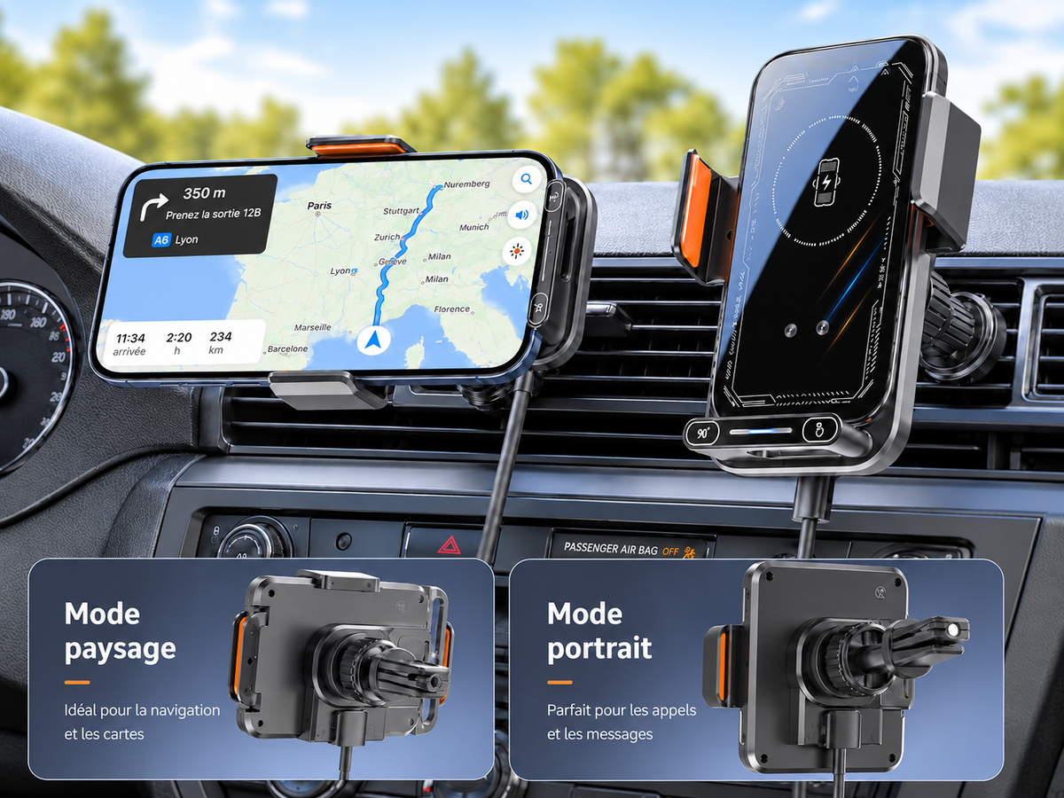 Porte telephone voiture charge sans fil 15w 2 modes de vues
