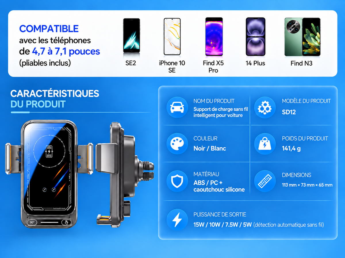 Porte telephone voiture charge sans fil 15w caractéristiques