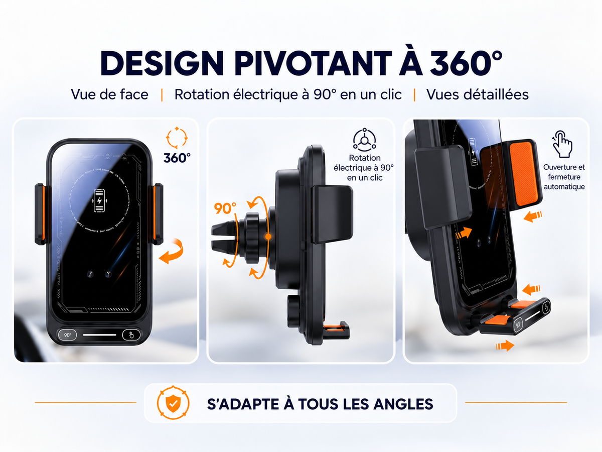 Porte telephone voiture charge sans fil 15w pivotant a 360 degré