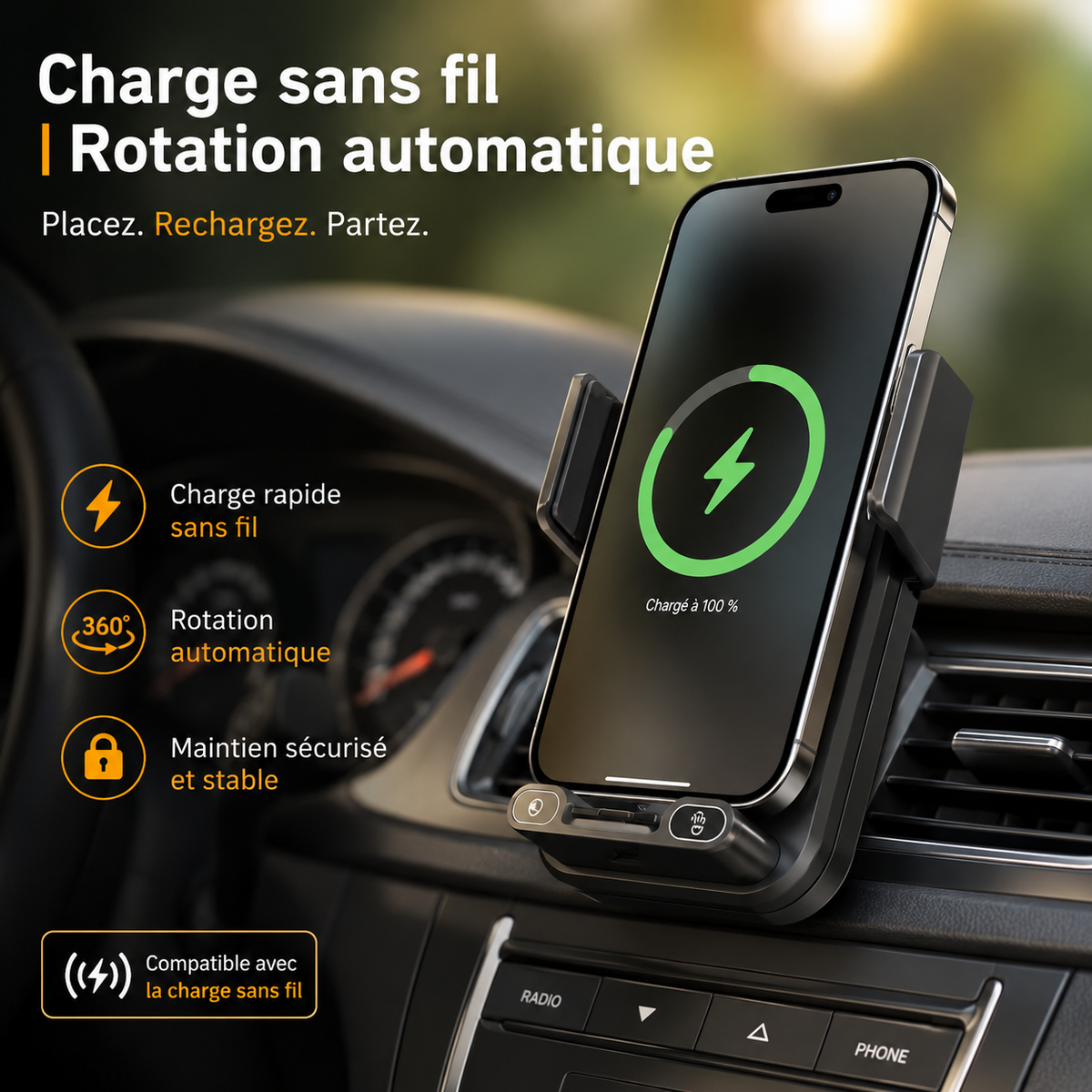 Porte telephone voiture charge sans fil 15w rotation automatique