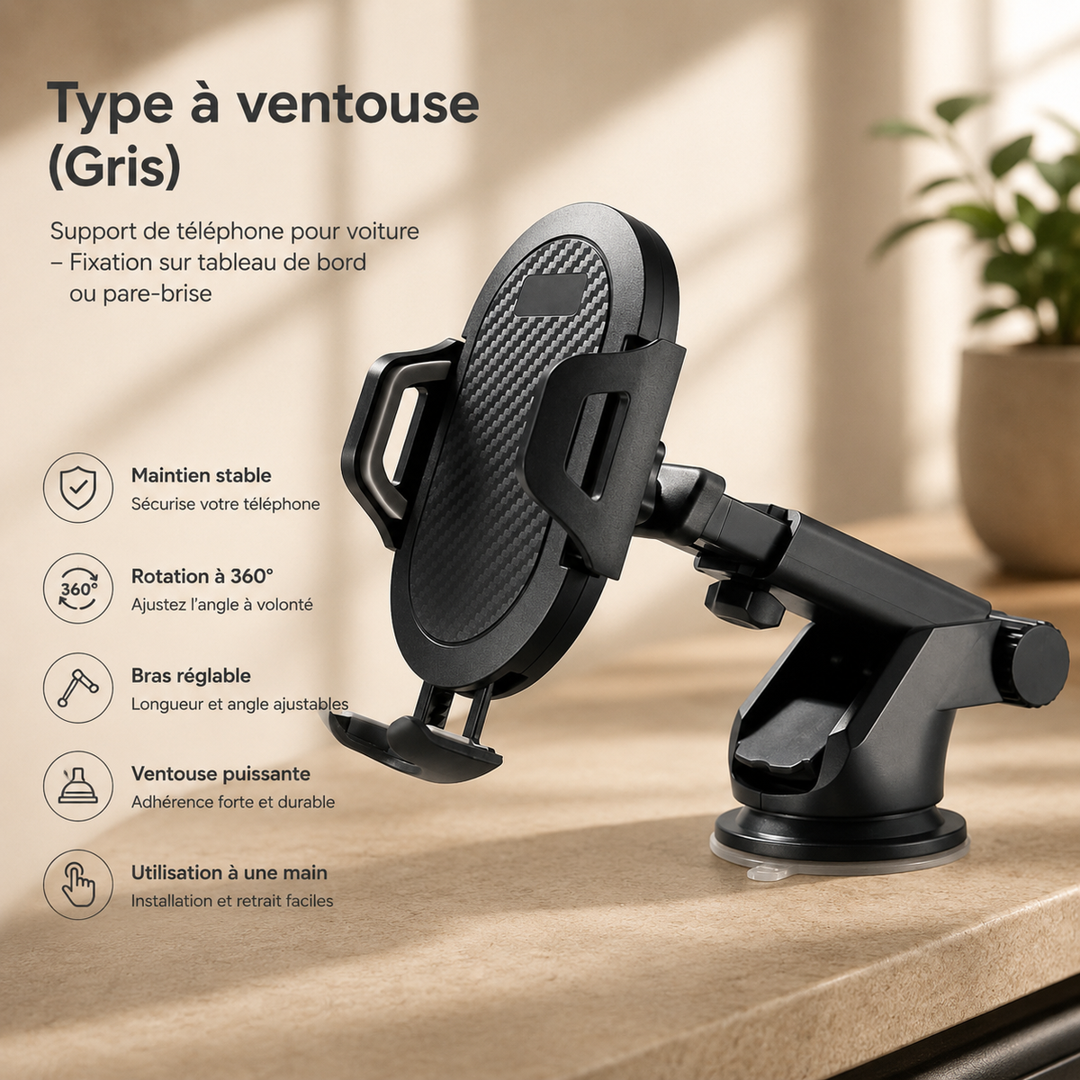 Porte téléphone voiture StabiliGrip a ventouse avec extension noir