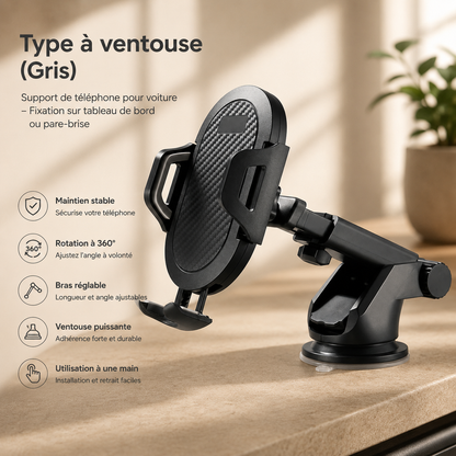 Porte téléphone voiture StabiliGrip a ventouse avec extension noir