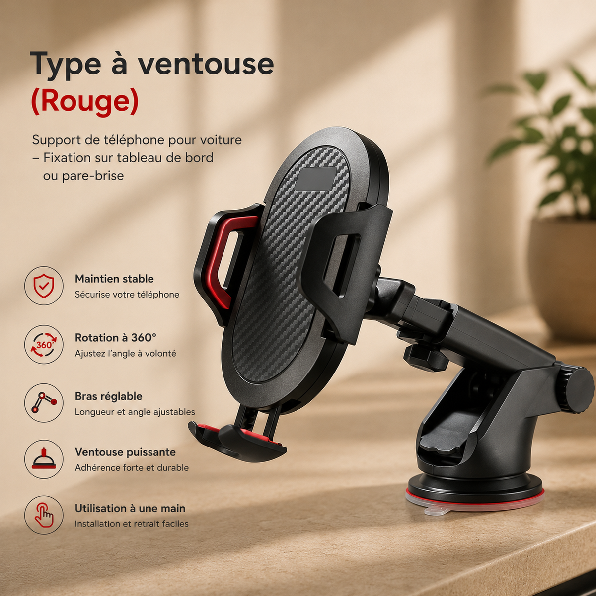 Porte téléphone voiture StabiliGrip a ventouse avec extension rouge