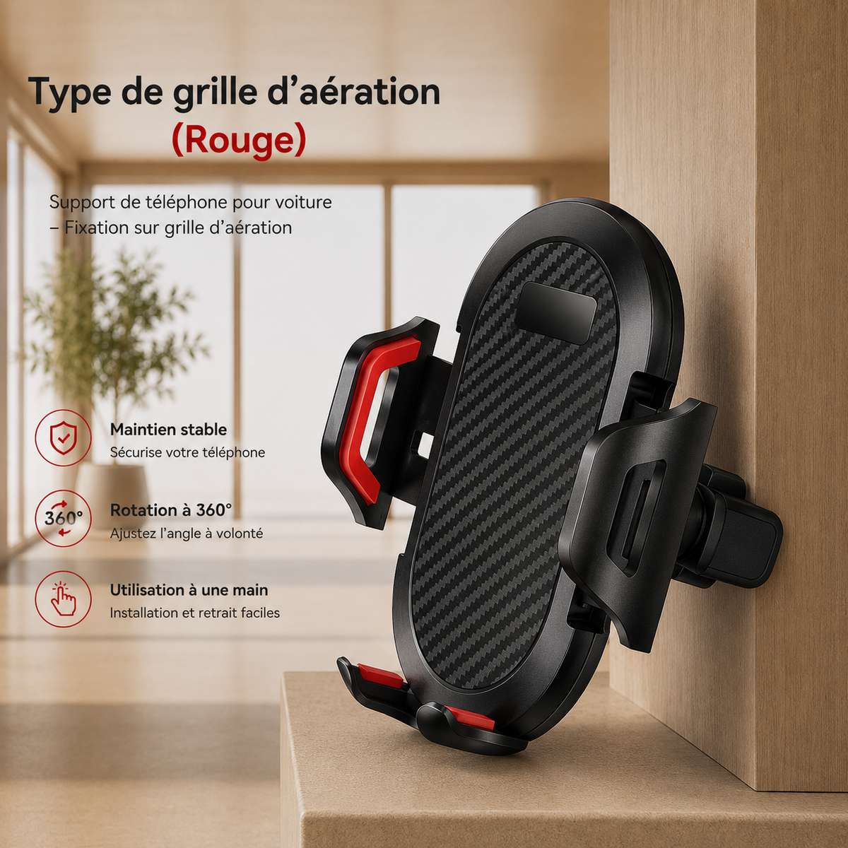 Porte téléphone voiture StabiliGrip grille de ventilation rouge