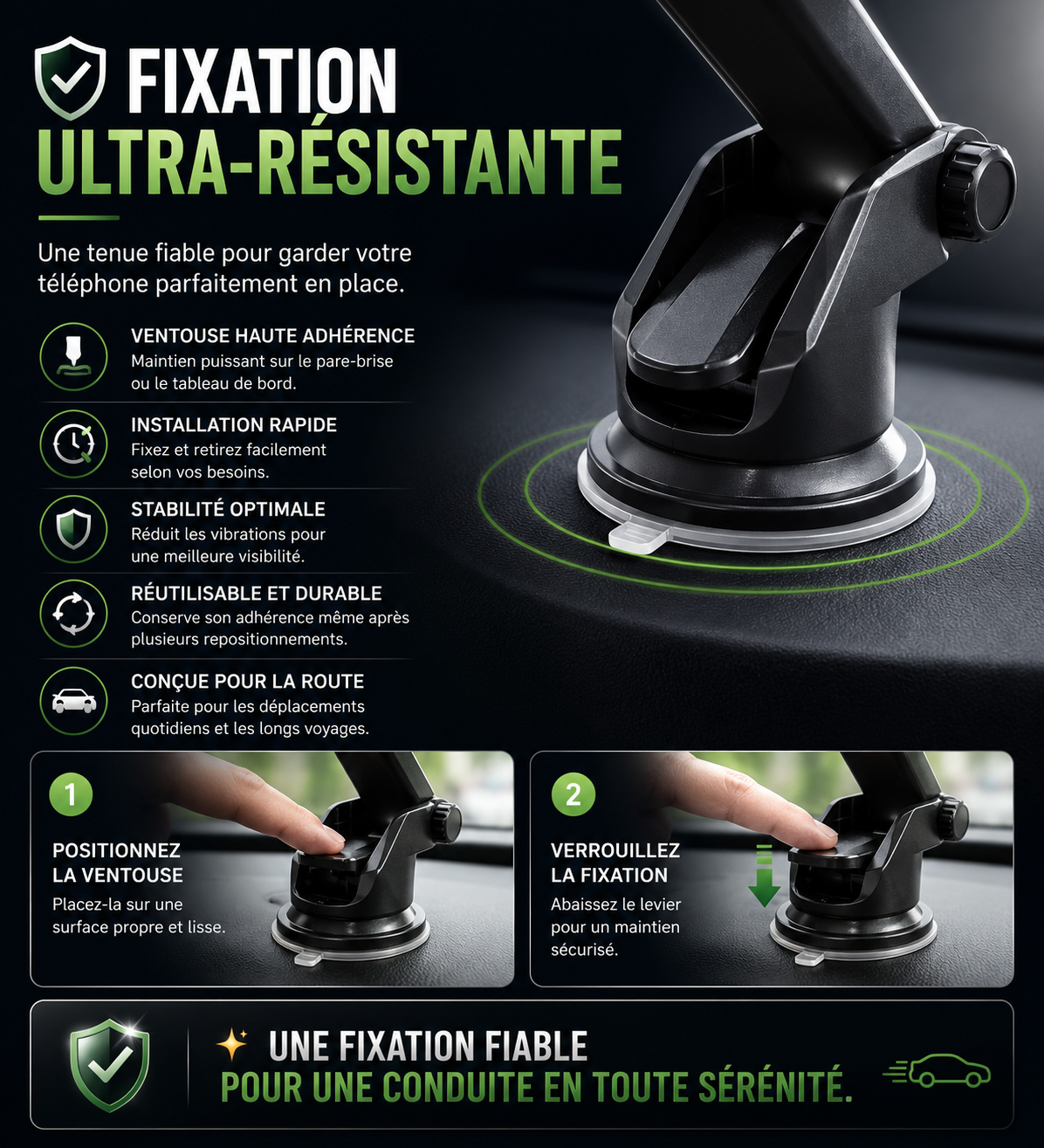 Porte téléphone voiture StabiliGrip fixation fiable