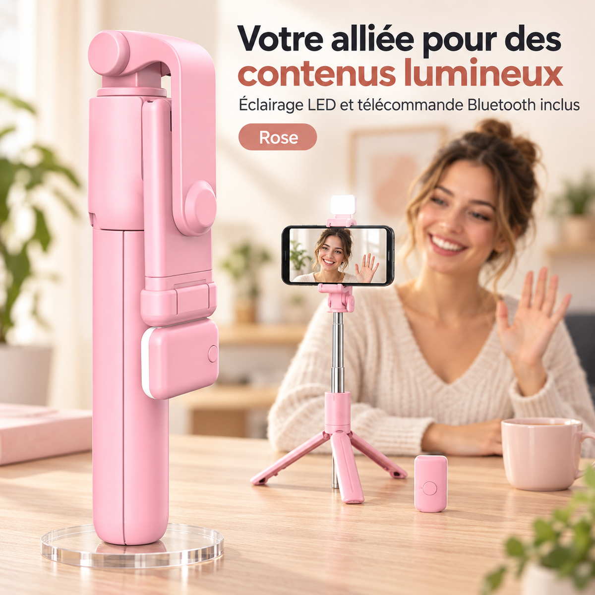 Trépied pour smartphone | 3 en 1 Bluetooth  rose avec manette amovible