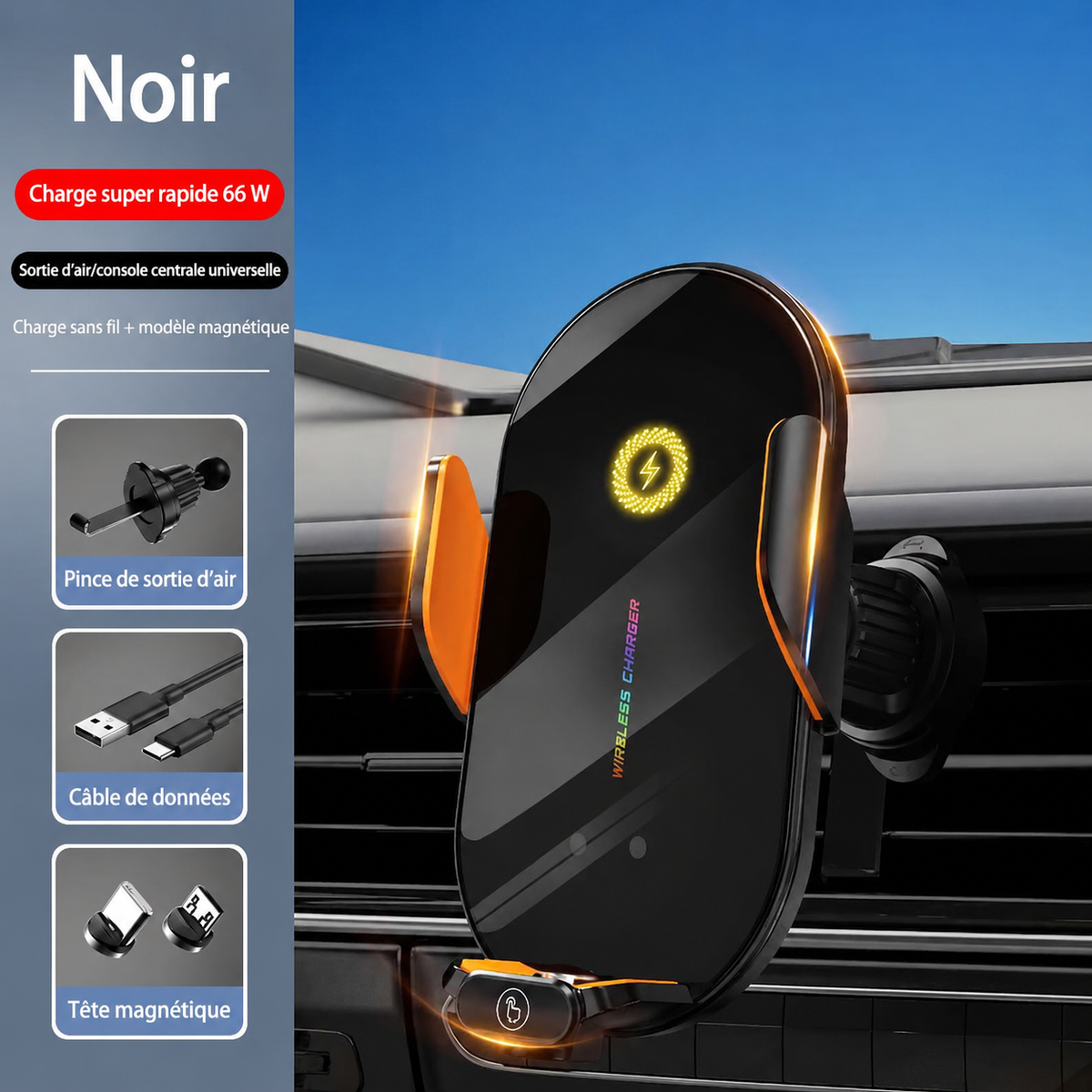 Support de téléphone voiture Charge Rapide 66W tout inclus