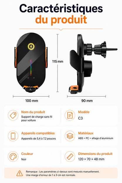 Support de téléphone voiture Charge Rapide 66W caractéristiques