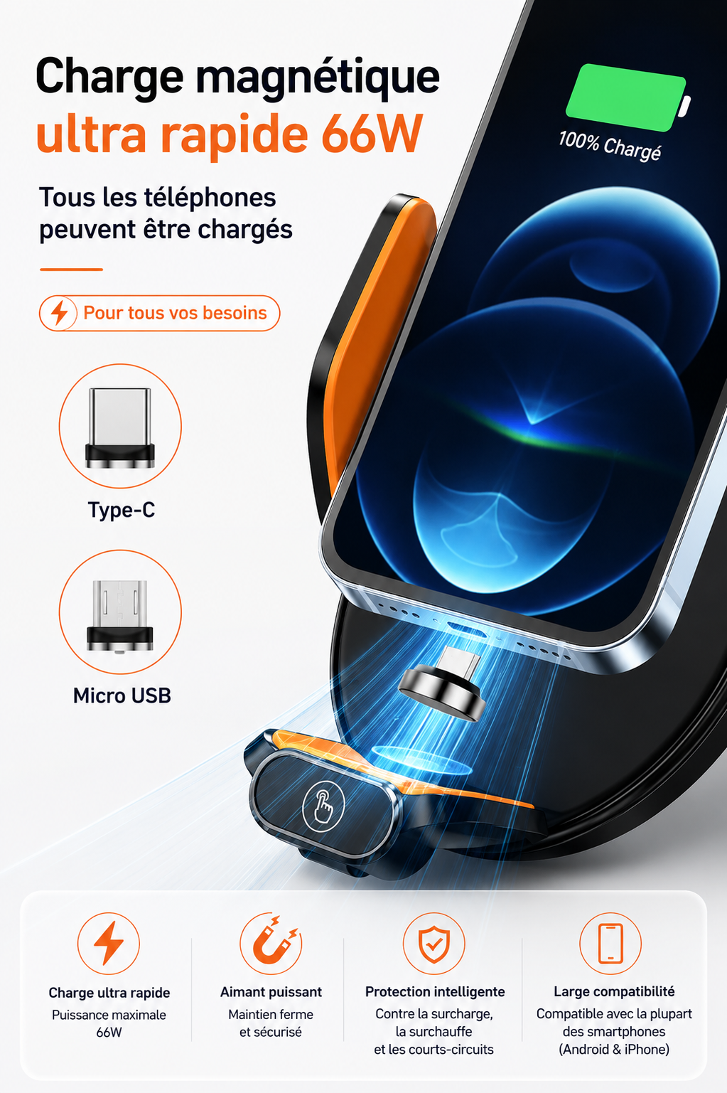 Support de téléphone voiture Charge Rapide 66W magnétique ultra rapide