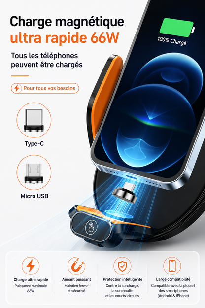 Support de téléphone voiture Charge Rapide 66W magnétique ultra rapide